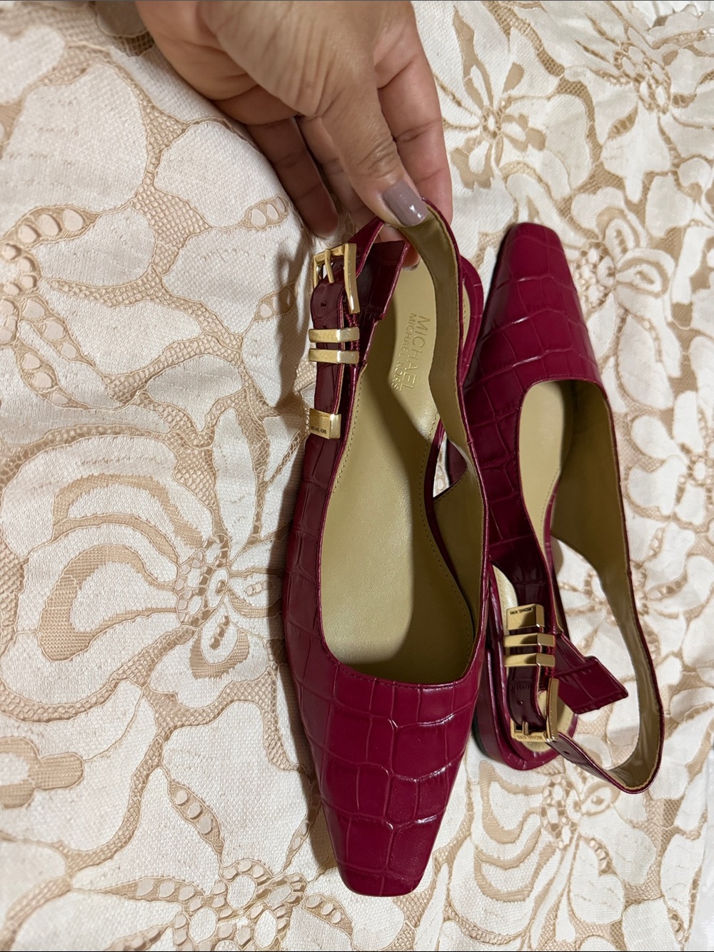 Michael Kors Croc-Embossed Wine Slingback Flats with Gold Buckle